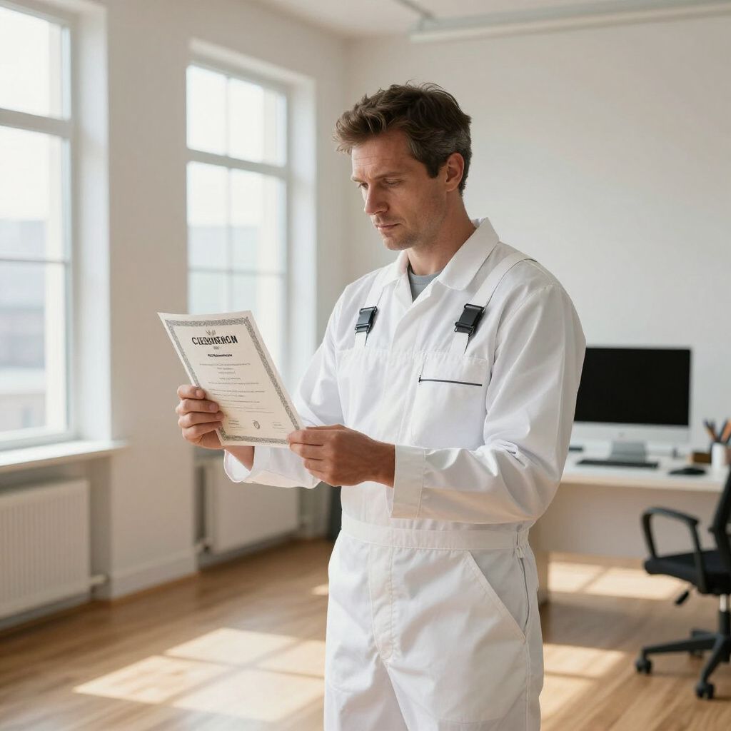 A person in white work overalls stands in an office, holding and examining a certificate or document.