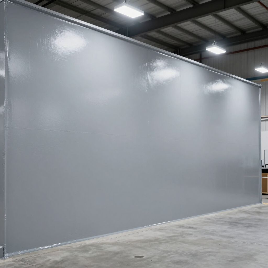 A smooth, glossy gray wall stands in a large, industrial indoor space with high ceilings and overhead lighting.
