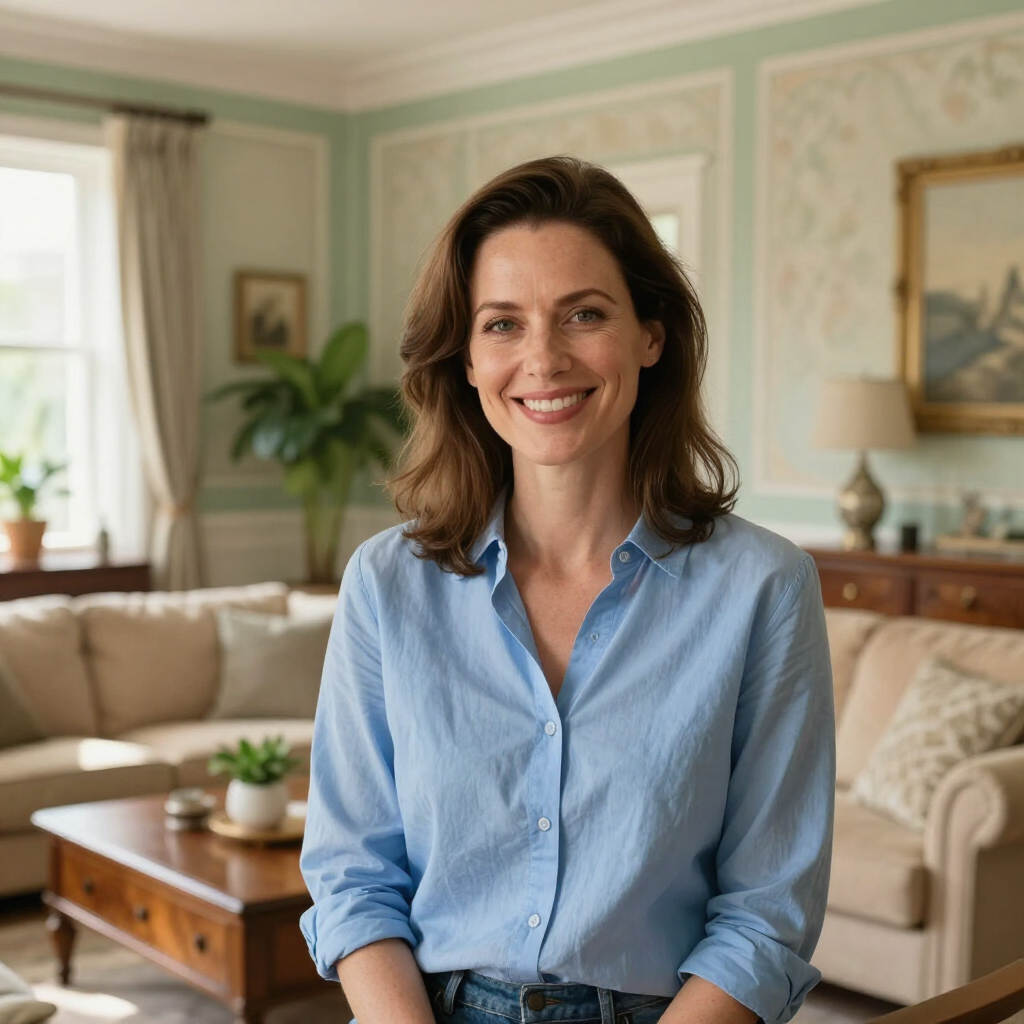 Smiling woman in a light blue button-down shirt standing in a softly lit, cozy living room.