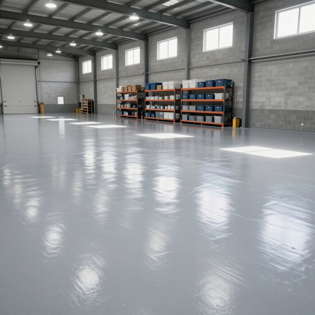 A wide view of a clean warehouse with grey polished concrete floors, tall shelving units, and overhead lighting.