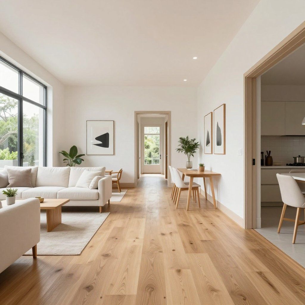 A bright, minimalist living room with white walls, light wood flooring, beige sofas, and a dining area in an open layout.