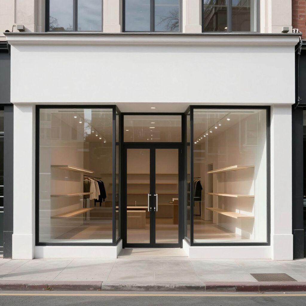 Modern storefront with large glass windows, a central double door, and minimalist interior shelving in a white building.