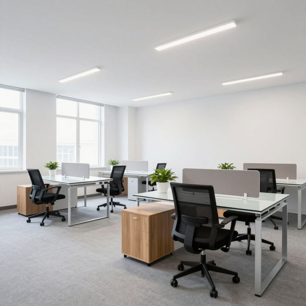 A modern, minimalist office space with rows of desks, black mesh chairs, wooden pedestals, and bright overhead lighting.