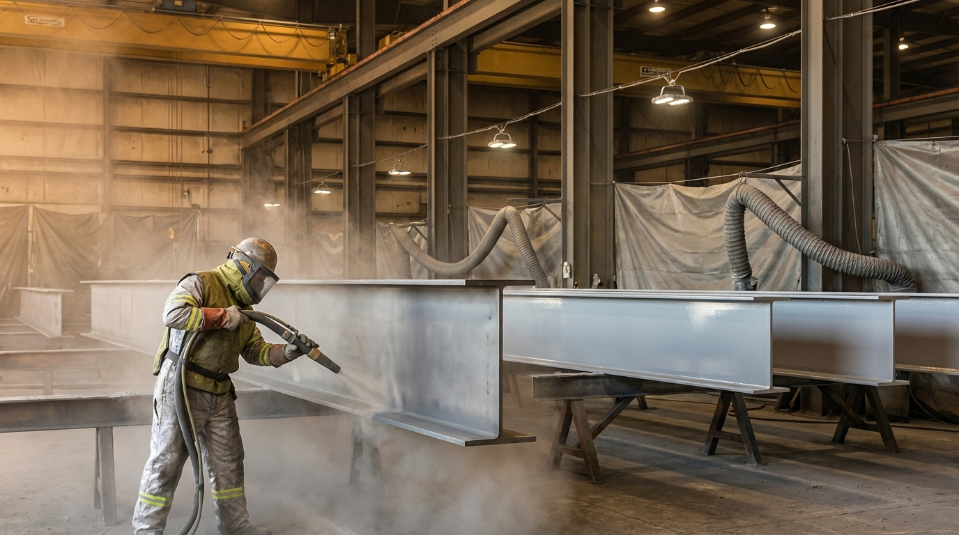A worker in protective gear uses a hose to sandblast a long steel I-beam inside an industrial warehouse.