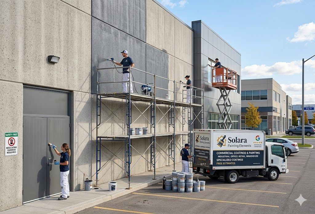 Four workers in uniform painting the exterior of a commercial building using scaffolding, a scissor lift, and a truck.