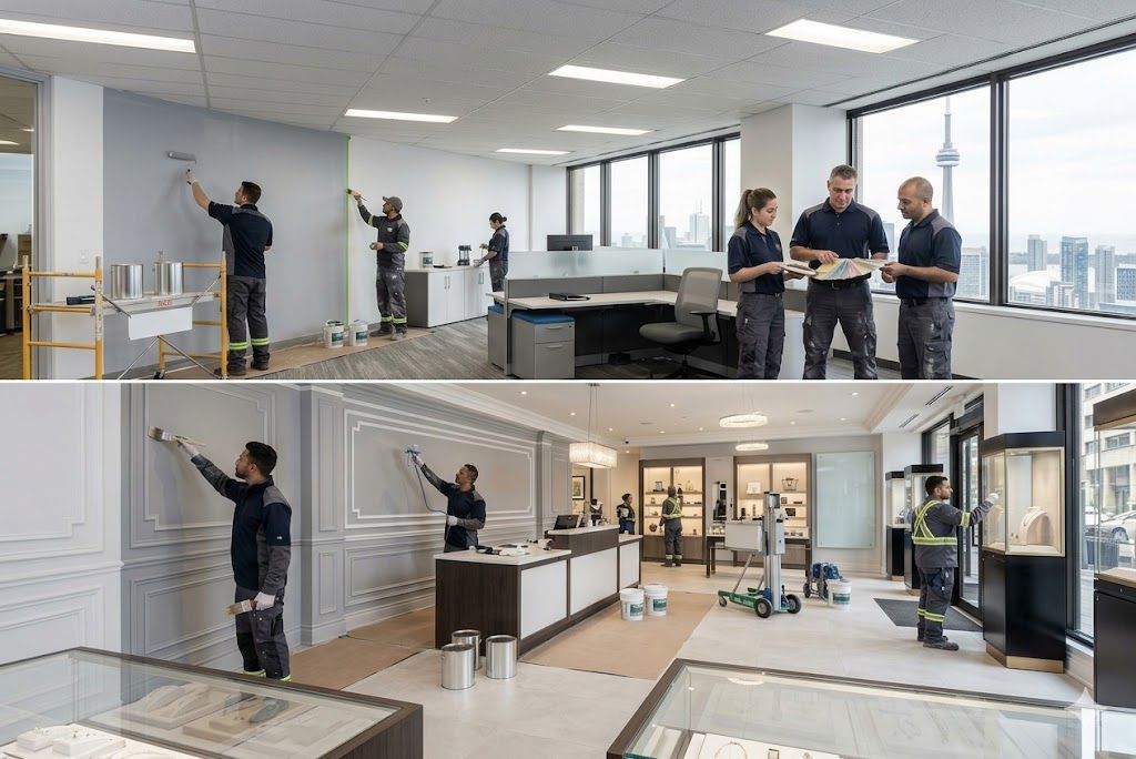 A collage showing teams of workers in professional attire painting and renovating office and commercial interior spaces.