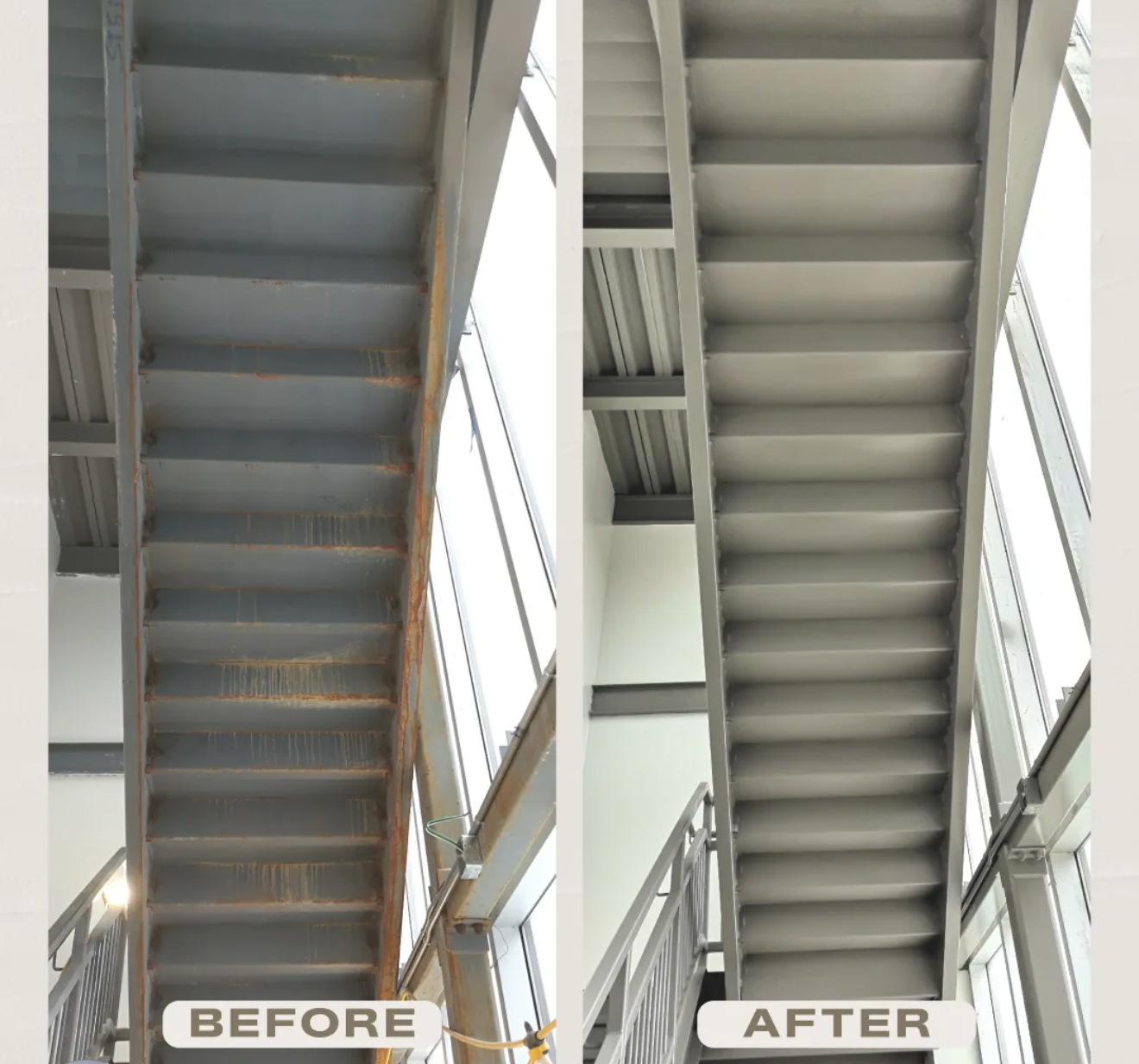 A split-screen view showing a grey metal staircase before and after maintenance, with rust removed and surfaces repainted.