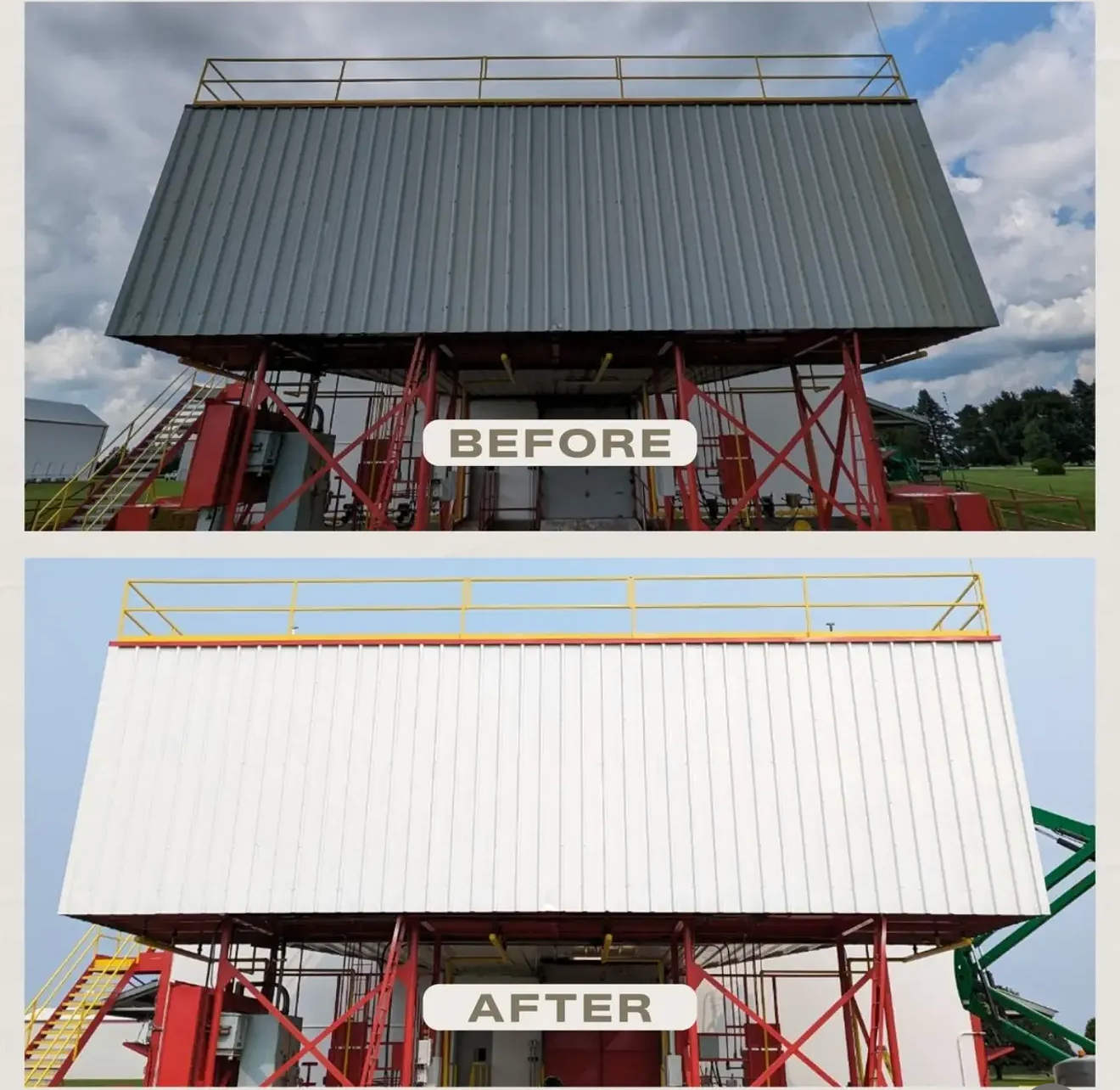 Split view showing a gray metal structure before and after being painted white, with red scaffolding underneath.