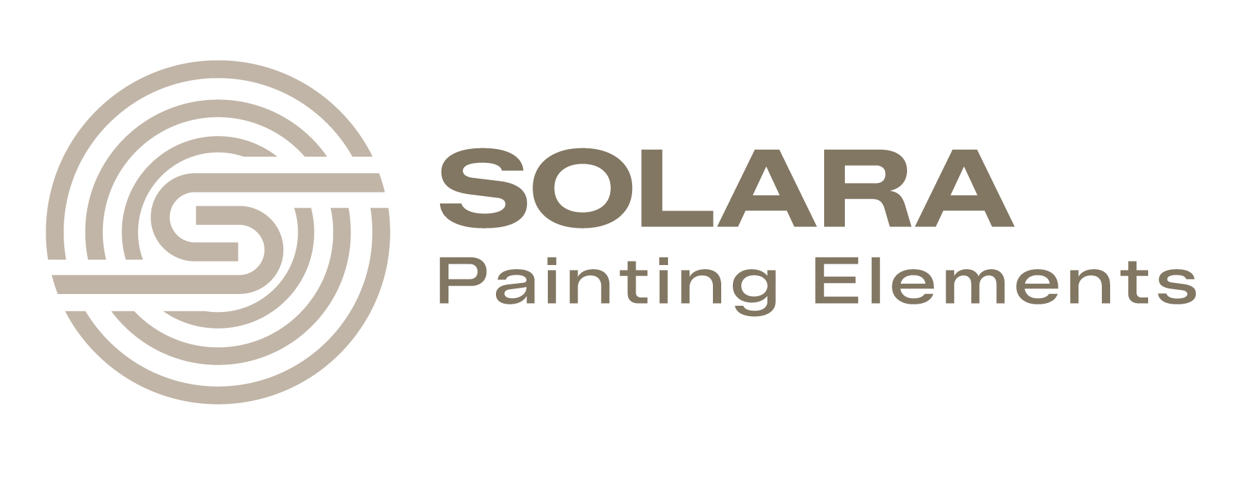 Logo featuring a light tan circular swirl design next to the text