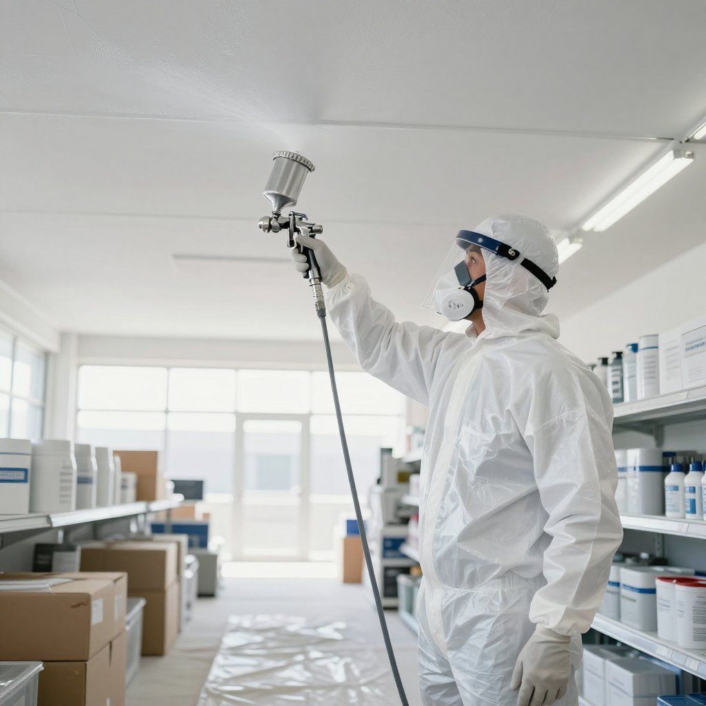 A worker in white protective gear, mask, and goggles spray-paints a ceiling in a room with shelves of supplies.