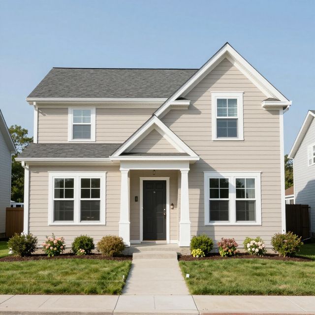 A two-story, beige house with a dark gray roof, a covered entryway, and a small front lawn against a blue sky.