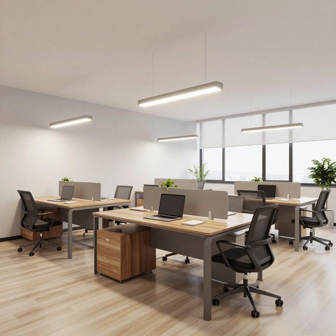 Modern office workspace featuring rows of desks with wooden cabinets, mesh office chairs, and hanging linear light fixtures.