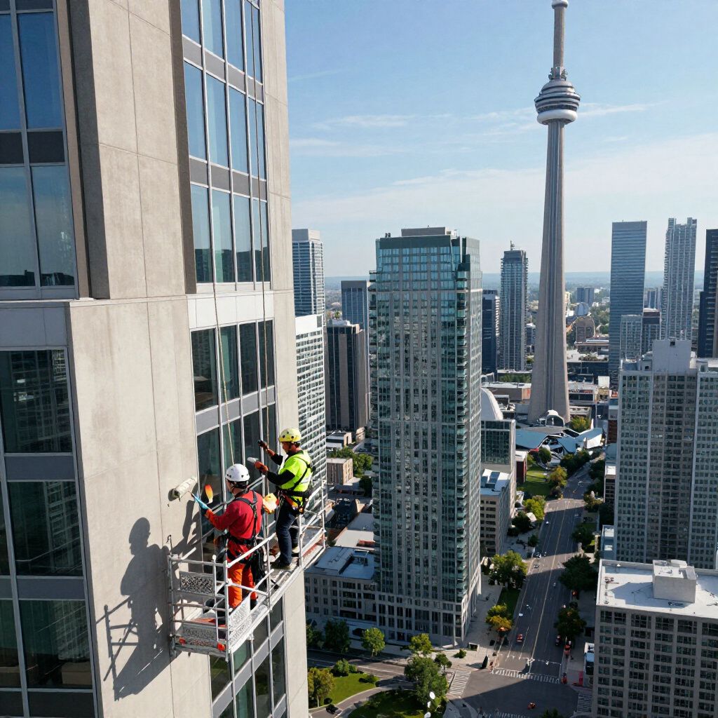 Two workers in high-visibility gear on a suspended platform cleaning windows of a high-rise in Toronto.