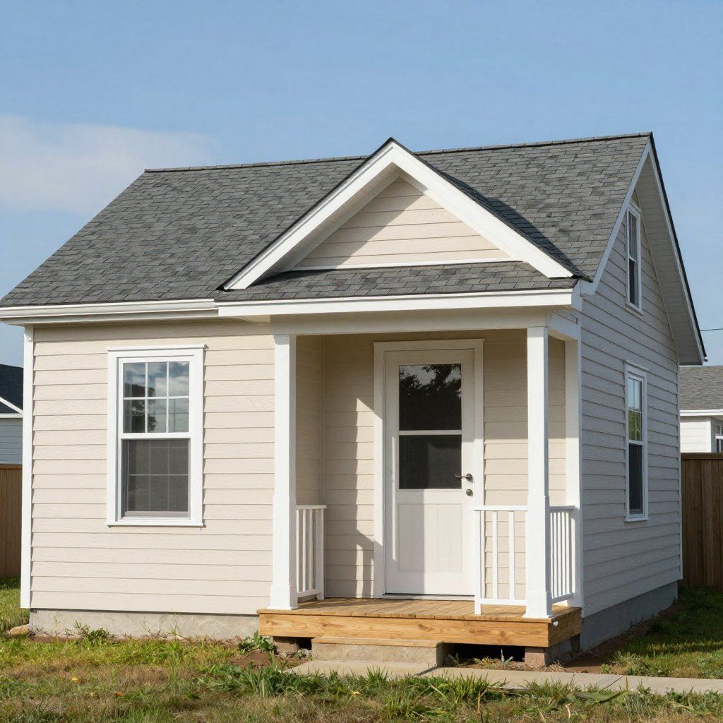 A small, beige, single-story house with a grey shingled roof, a front porch, and a white door, set on a grass lawn.