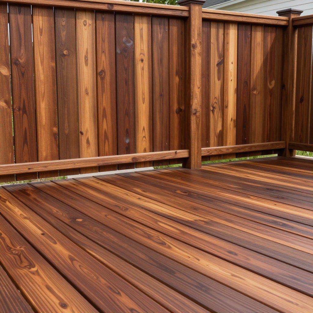 A close-up view of a newly stained, rich brown wooden deck and privacy fence, highlighting the natural wood grain.