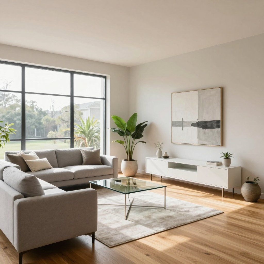 A sunlit modern living room with a grey sectional sofa, glass coffee table, white media console, and a tall houseplant.