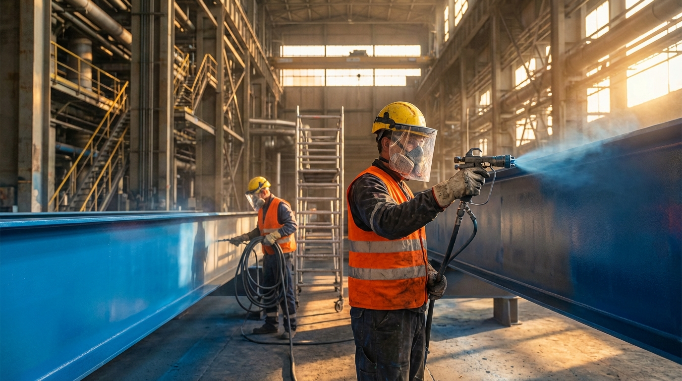 Workers in high-visibility vests and protective gear spray-paint a large blue steel beam in a bright industrial warehouse.