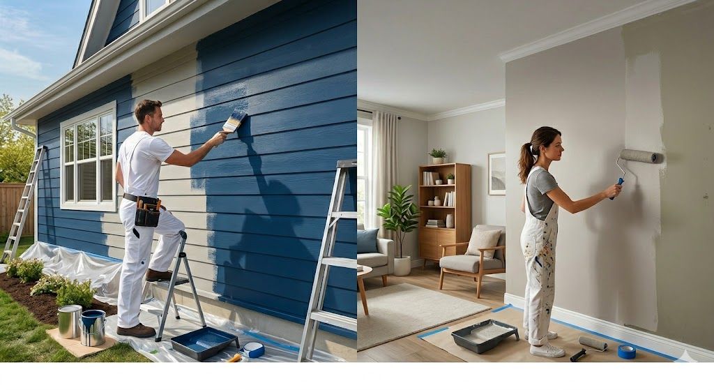 Side-by-side shots of a person painting the exterior of a blue house and a person painting an interior wall light gray.