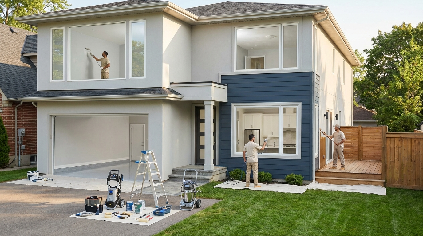 Three workers paint and pressure wash the exterior of a two-story house with white and blue siding.