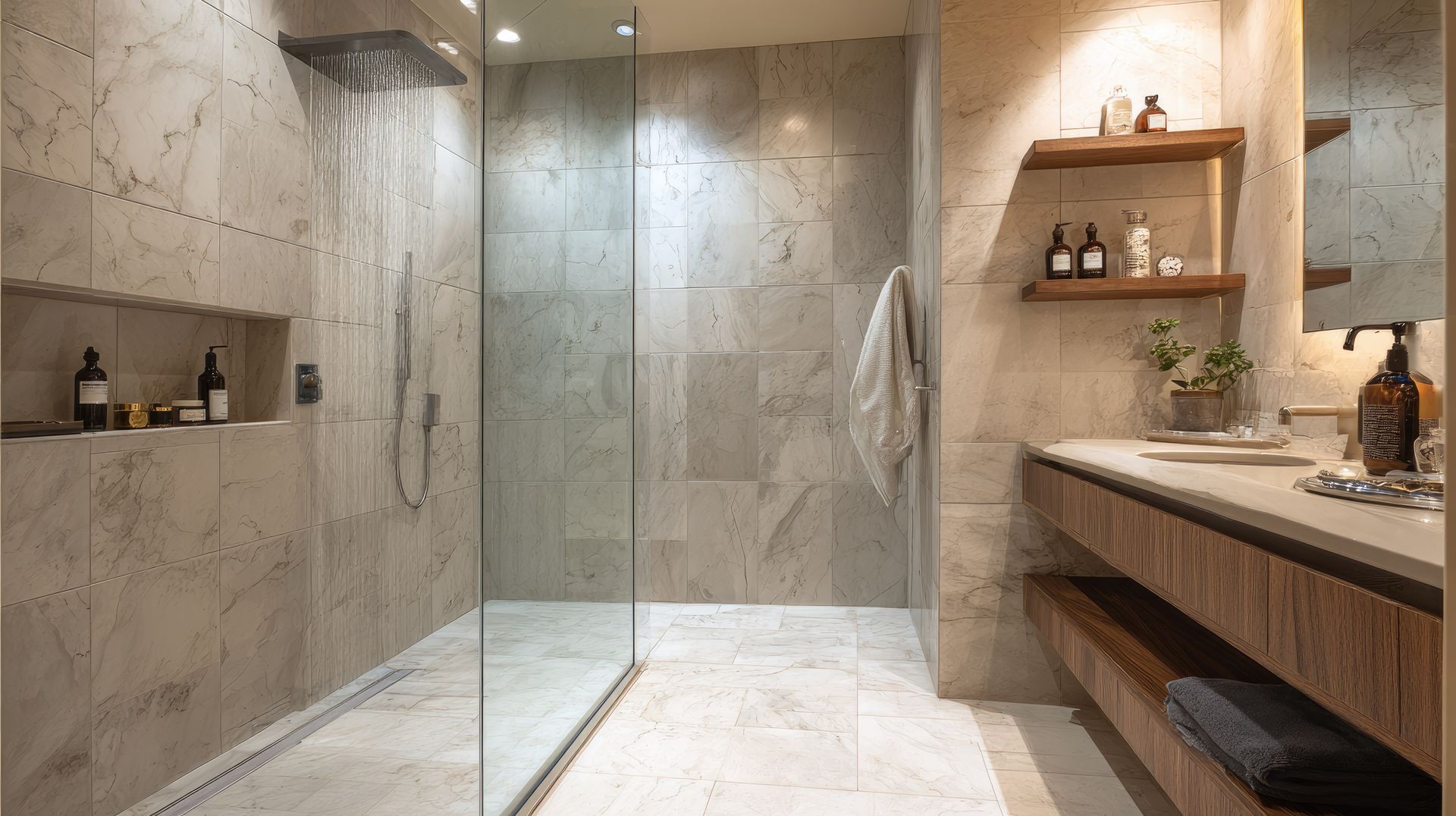 Modern marble bathroom with glass shower, floating vanity, and wooden shelves