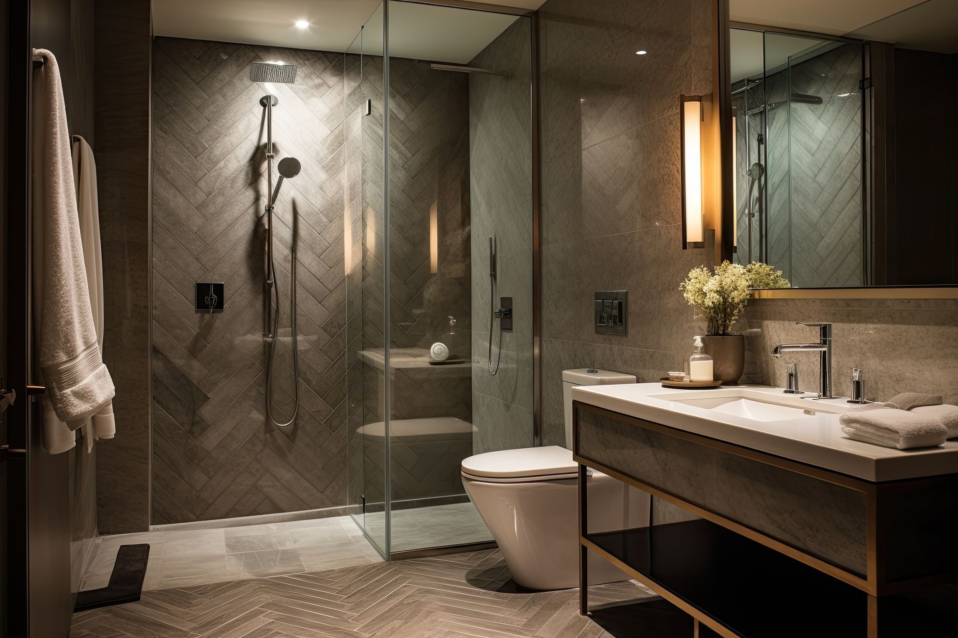 Modern bathroom with glass shower, white toilet, vanity, and dark stone tiles