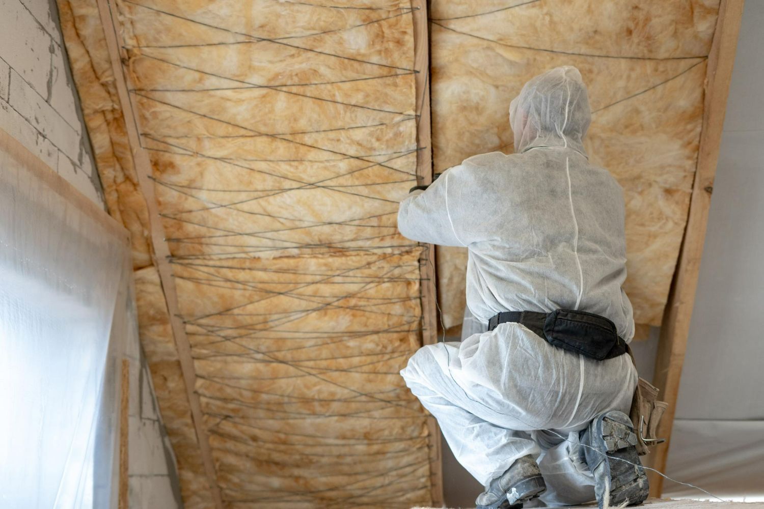 A man in a protective suit is working on a ceiling.