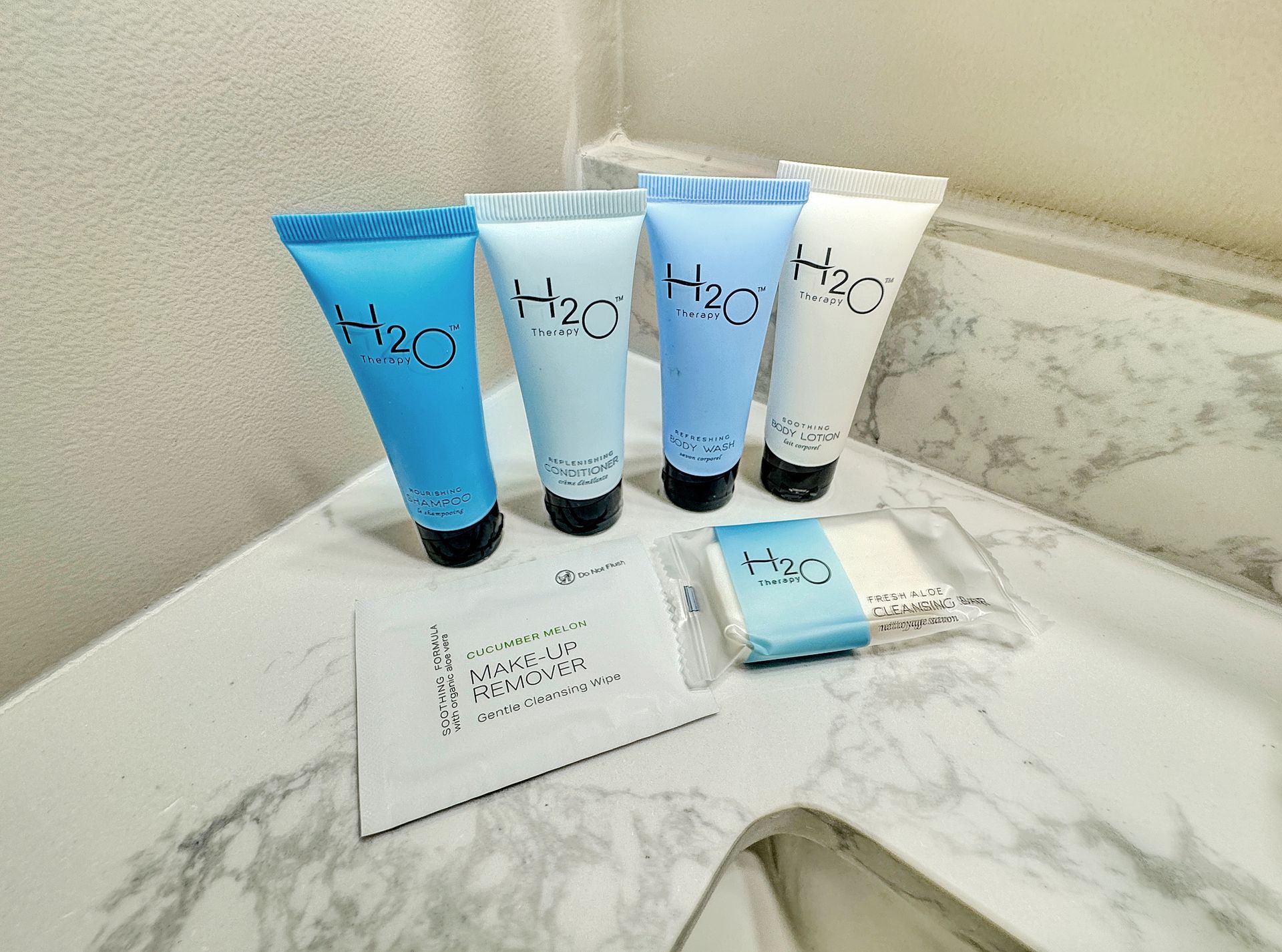 Bathroom toiletries set: shampoo and soap tubes labeled 