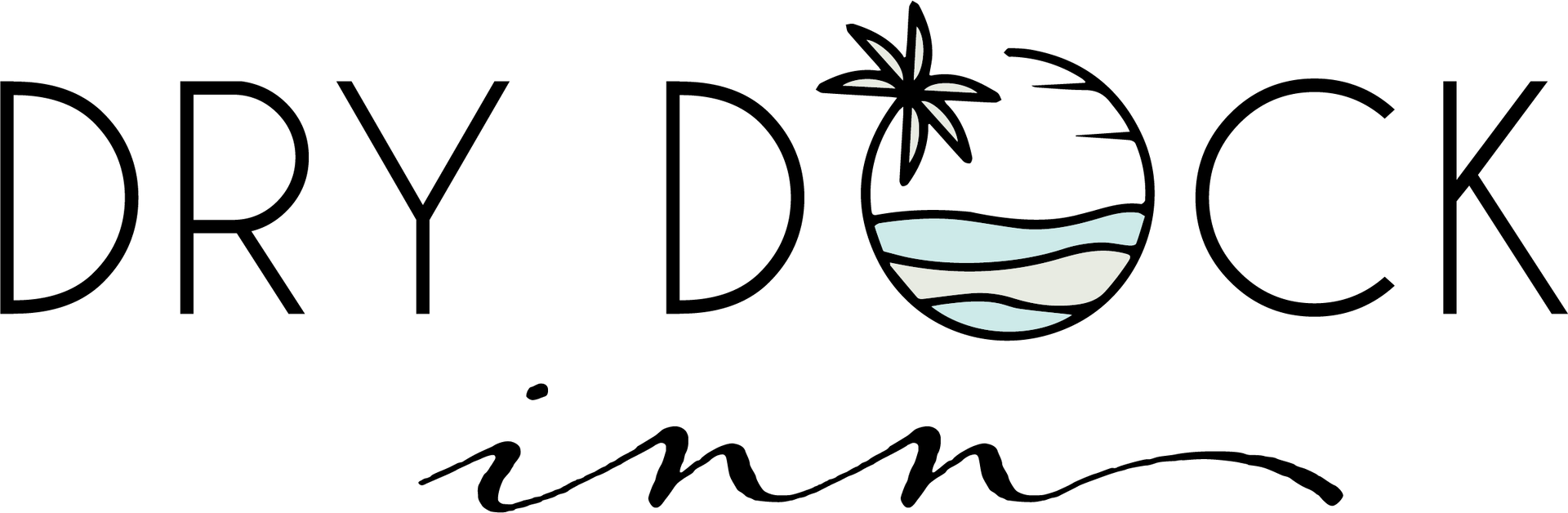 Logo for Dry Dock Inn: black text, stylized circle with waves, a palm tree, and the word