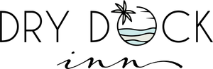 Logo for Dry Dock Inn: black text, stylized circle with waves, a palm tree, and the word