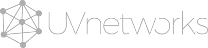 Logotipo da UVnetworks: um hexágono com pontos interligados ao lado do texto 
