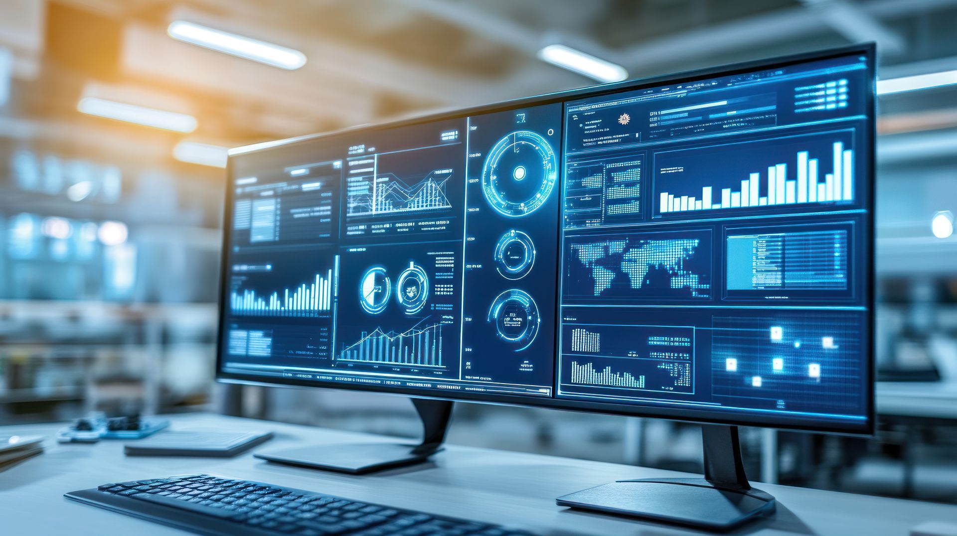 Dois monitores de computador exibindo visualizações de dados e gráficos em um escritório.