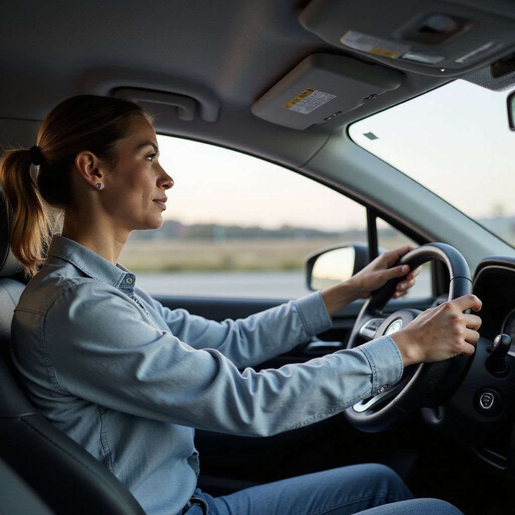 Woman driving a car, looking ahead, hands on steering wheel. Daytime, blue shirt, ponytail.