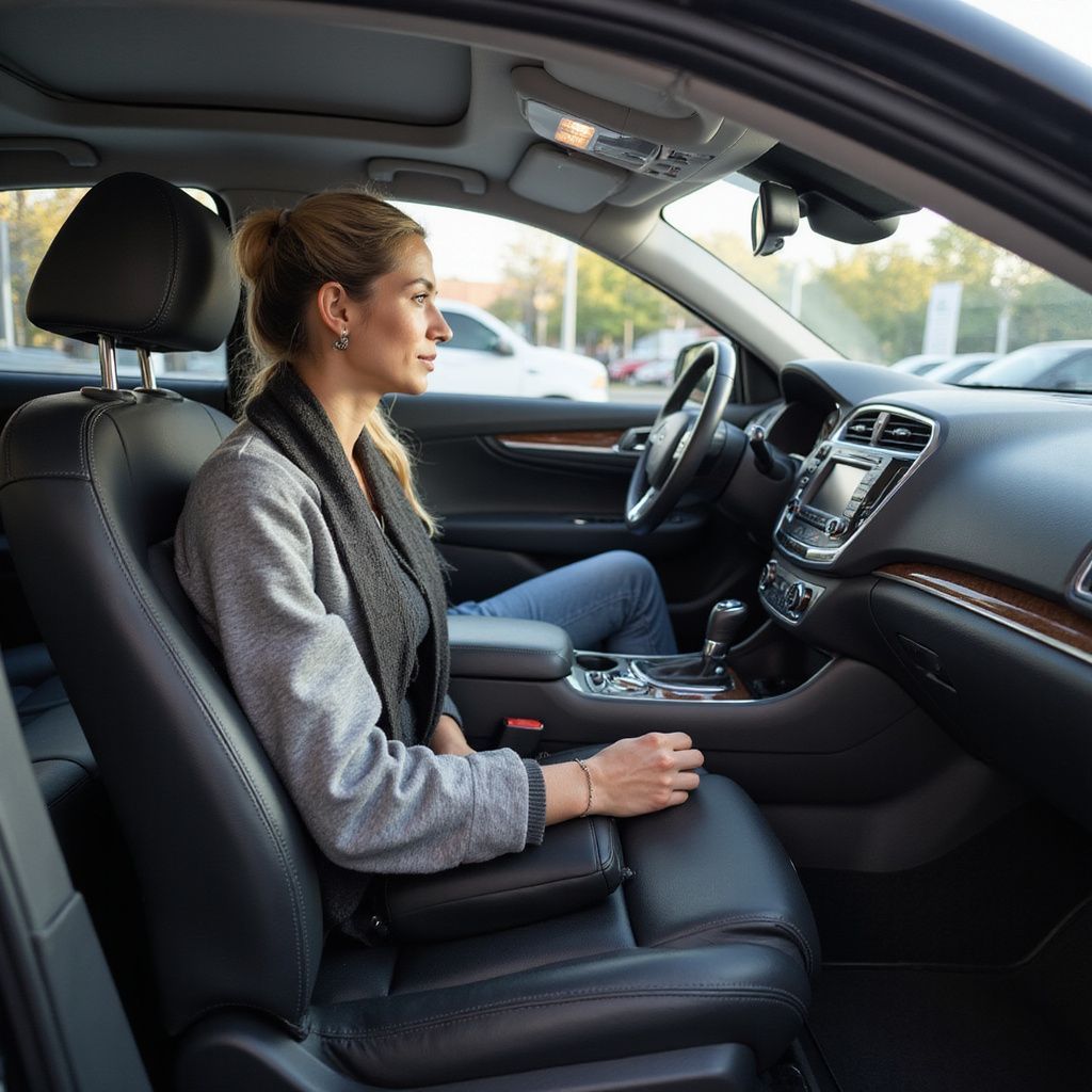 Woman sitting inside a car, looking forward. She has blonde hair, wearing a grey jacket and jeans.