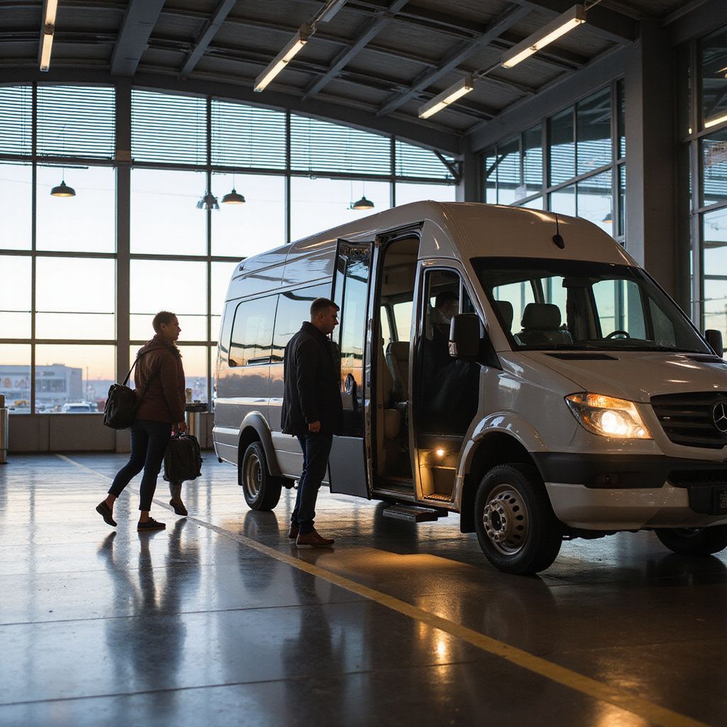 Two men loading luggage into a white passenger van inside a hangar.
