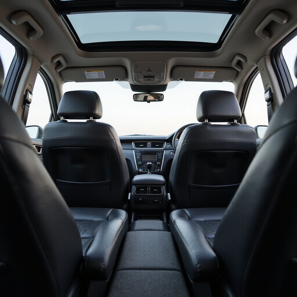 Interior of a car with black leather seats, sunroof, and dashboard.
