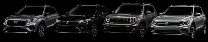 um grupo de carros está sentado um ao lado do outro em um fundo branco com a Logo Marca da Grupo Open Seminovos