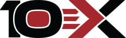 "10X" logo in black and red. The "10" is black with a red center, and the "X" is red and black.
