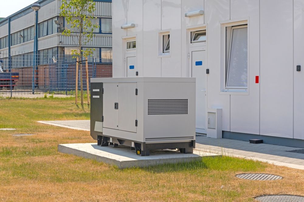 Gray generator outside a white building on a grassy area near an industrial site