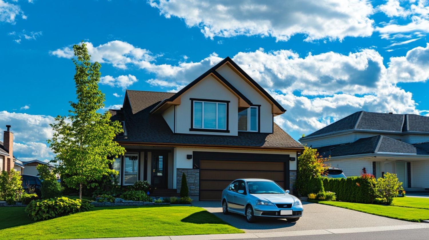 Suburban house with a blue car parked in the driveway under a bright blue sky.