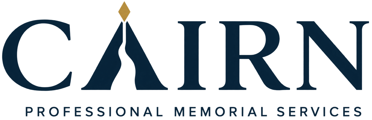CAIRN Professional Memorial Services logo in dark blue with gold accent
