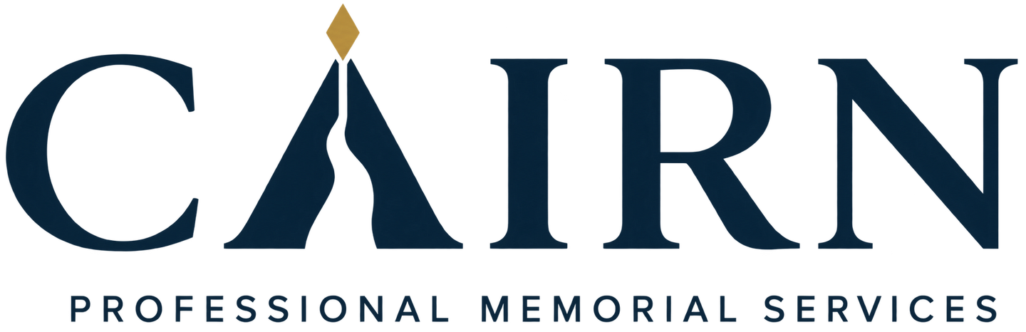 CAIRN Professional Memorial Services logo in dark blue with gold accent