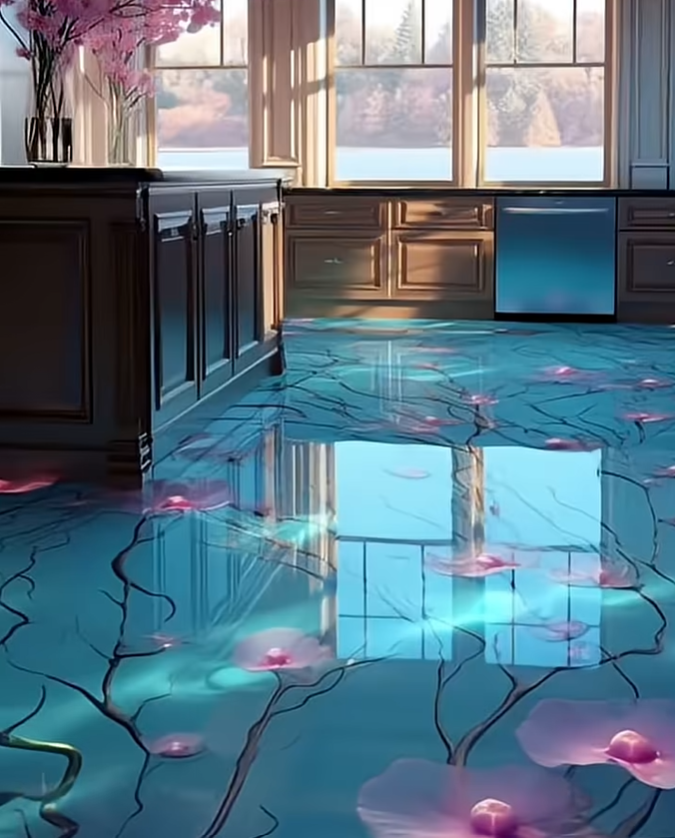 Living Space with Artistic Epoxy Floor Design