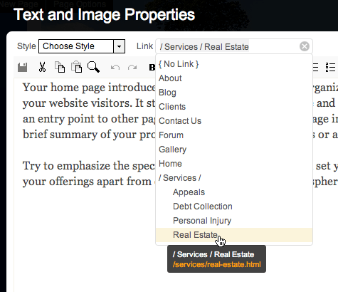 Productive CMS internal link drop-down screenshot