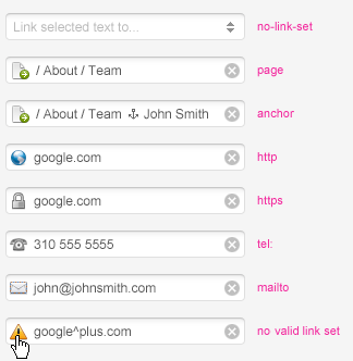 Examples of link types in the Productive CMS link box