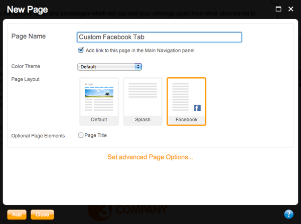 New page layout panel screenshot