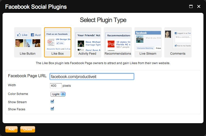 Facebook plugin settings screenshot