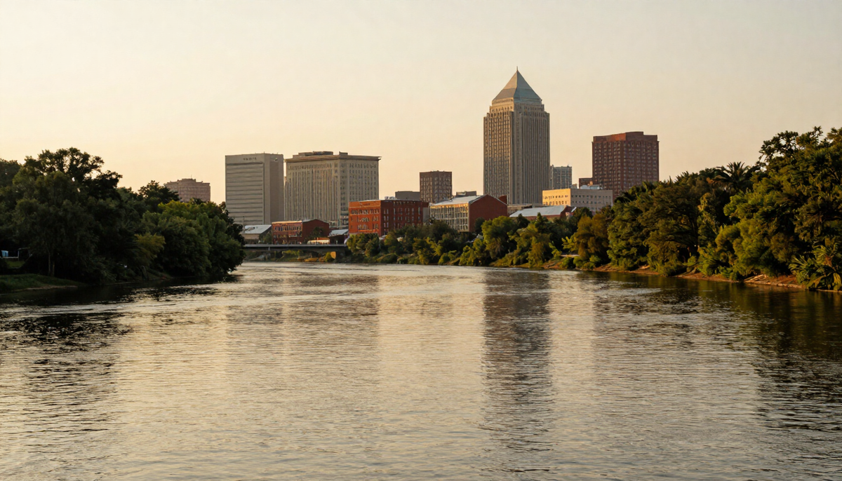 The Alabama River with the Montgomery skyline in the distance