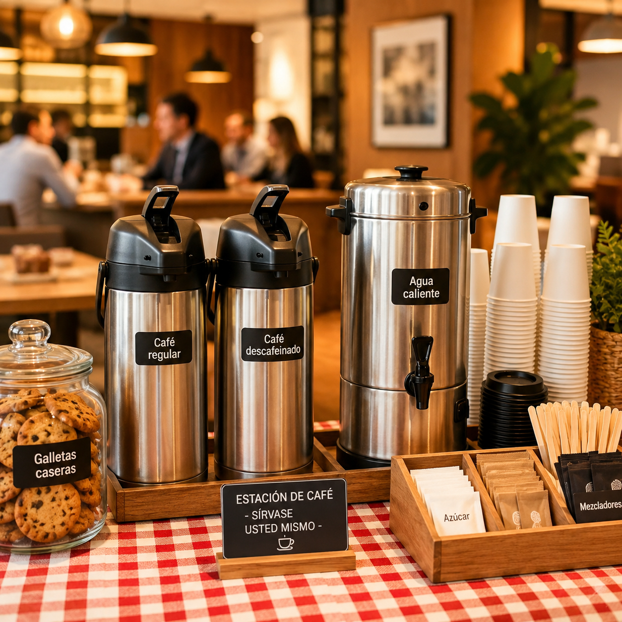 Estación de café con dispensadores de acero inoxidable, tazas y pasteles sobre una mesa 