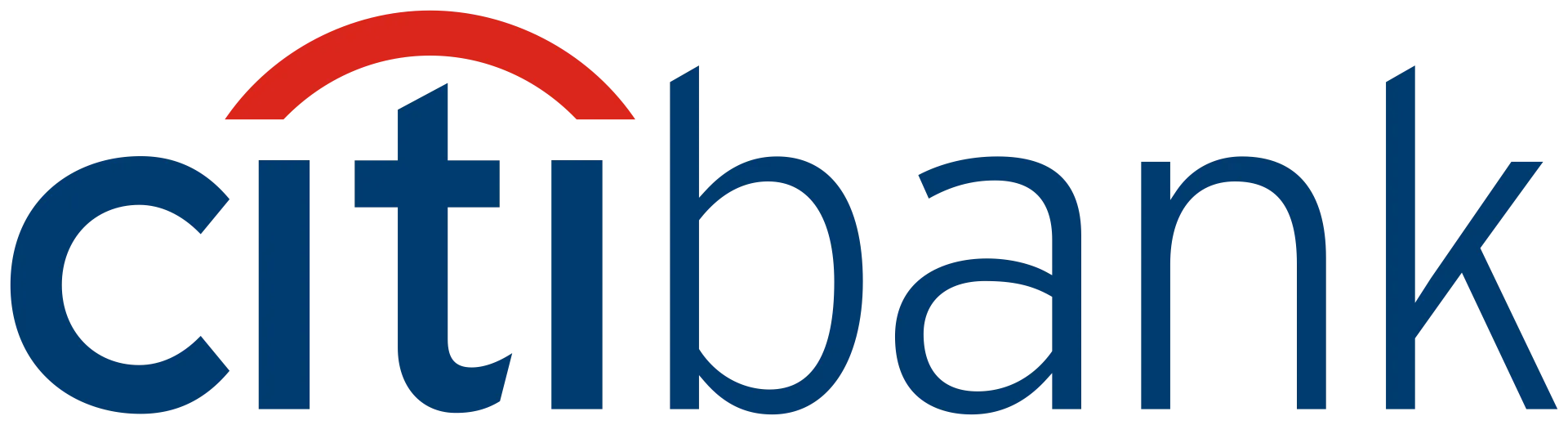 Logotipo de Citibank en letras minúsculas azules con un arco rojo sobre la “t” y la “i”.