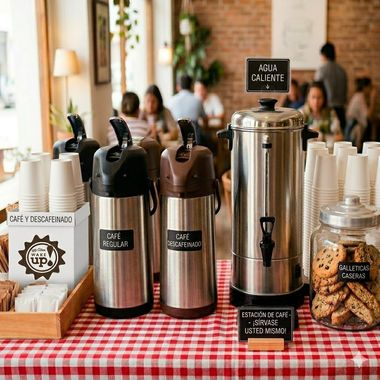 Buffet de café y galletas con jarras de acero inoxidable y un mantel a cuadros rojos en una cafetería.
